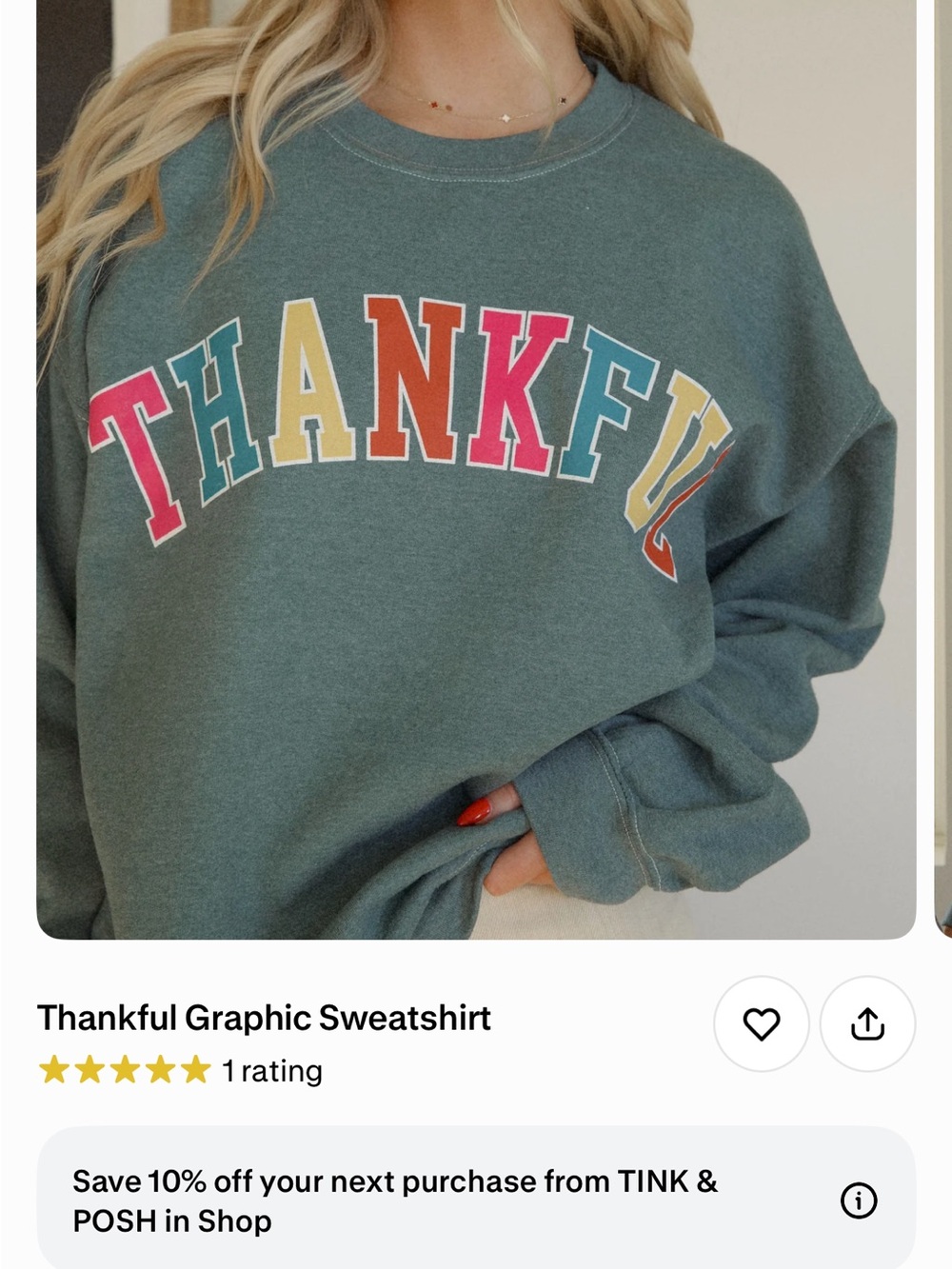 NEW Thankful Sweatshirt in Teal with Colorful Lettering L/XL- fits L MSRP $58